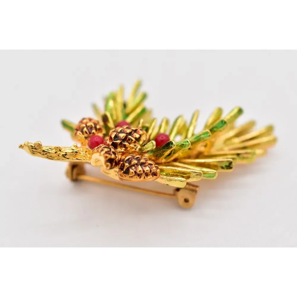 ART Vintage Christmas Pinecone Brooch Gold Red Berry Evergreen Branch Pin BinBI